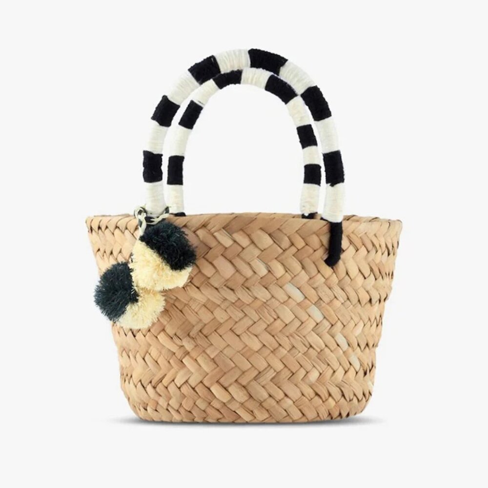 NEW Kayu Design Mini St. Tropez Pom Pom Straw Tote with Black and White